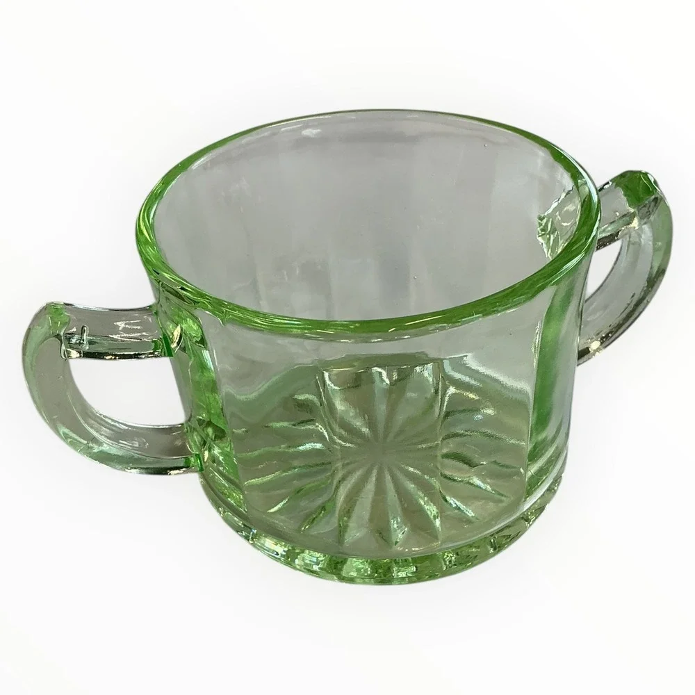 Vaseline Uranium Glass‎ Sugar Bowl Depression Era Green Glow Double Handle